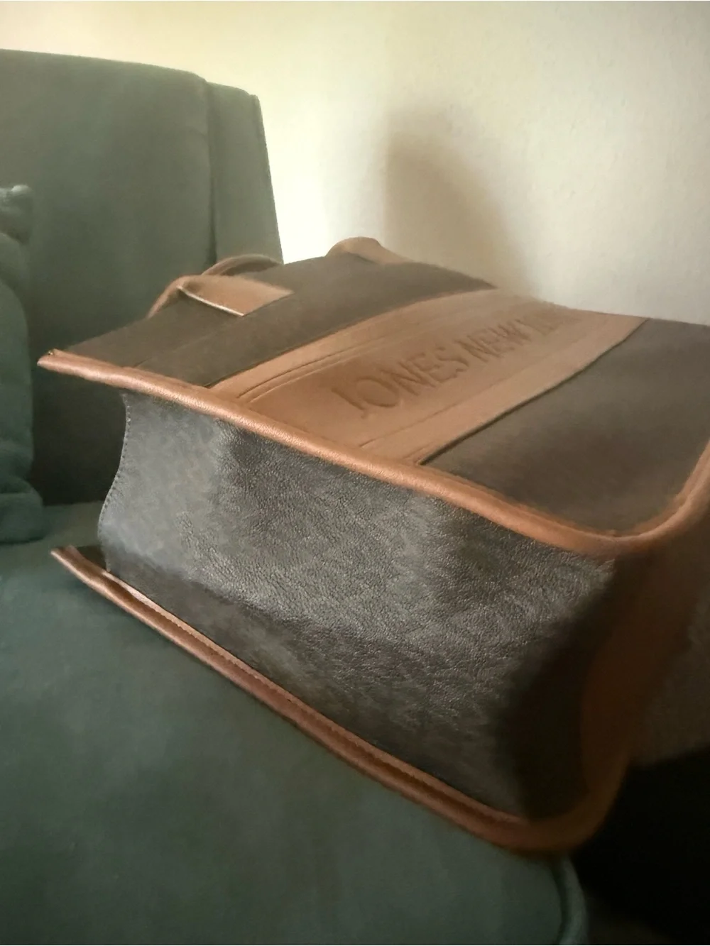 Jones New York Brown Monogram Laptop Tote with Tan Trim